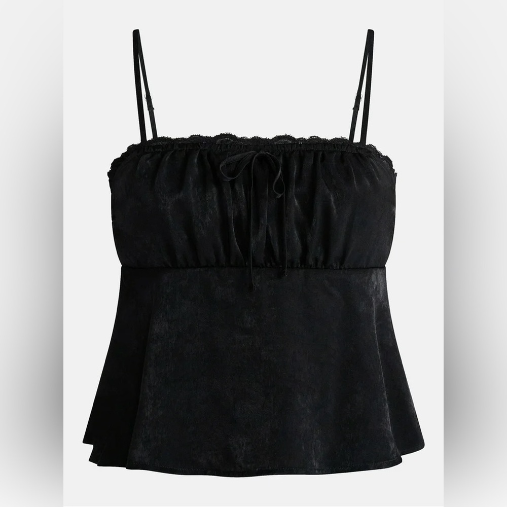 No Boundaries Black Satin Cami with Lace Trim and Tie